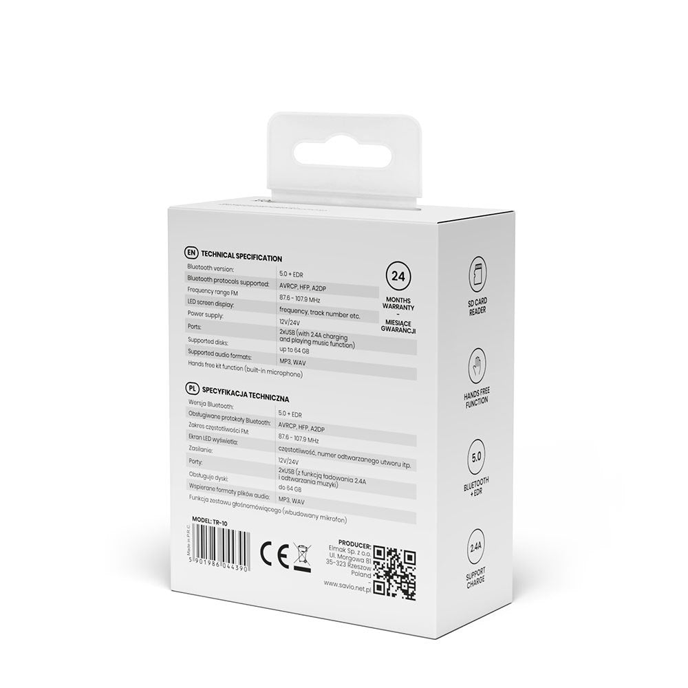 TRANSMISOR FM COCHE CON CARGADOR 2.4A SAVIO TR-10