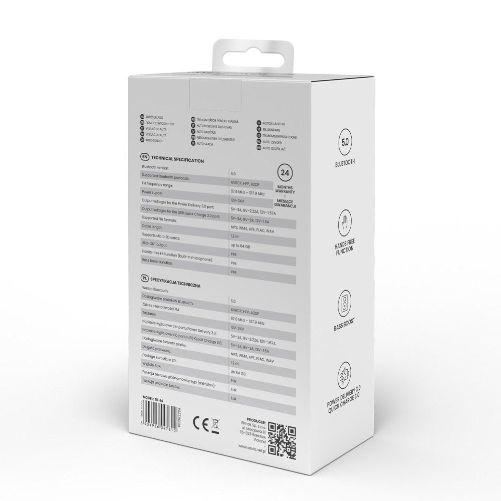 TRANSMISOR FM BLUETOOTH 5.0 COCHE SAVIO TR-14