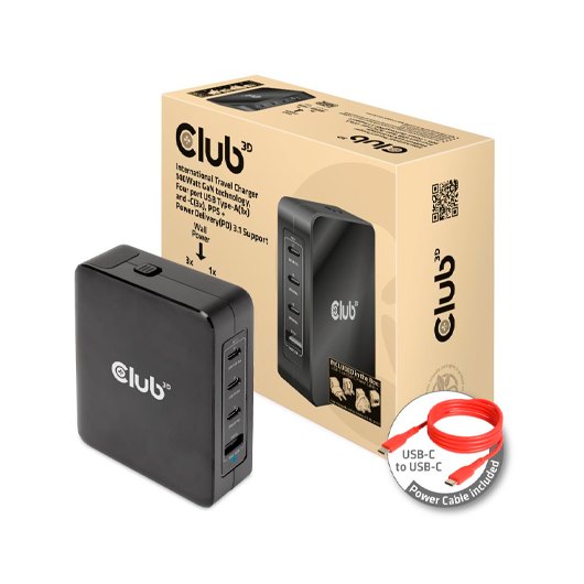 CARGADOR DE VIAJE INTERNACIONAL CLUB3D GAN 140W