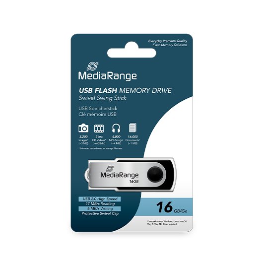 PENDRIVE 16GB USB 2.0 MEDIARANGE SILVER-BLACK