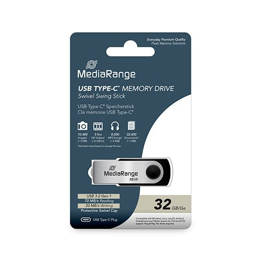 PENDRIVE 32GB USB-C 3.2 MEDIARANGE SILVER-BLACK